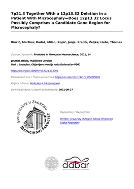 7P21.3 Together with a 12P13.32 Deletion in a Patient with Microcephaly—Does 12P13.32 Locus Possibly Comprises a Candidate Gene Region for Microcephaly?