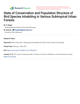 State of Conservation and Population Structure of Bird Species Inhabiting in Various Subtropical Urban Forests