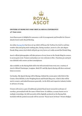 OWNERS at HOME SET for VIRTUAL ROYAL EXPERIENCE 11Th June 2020