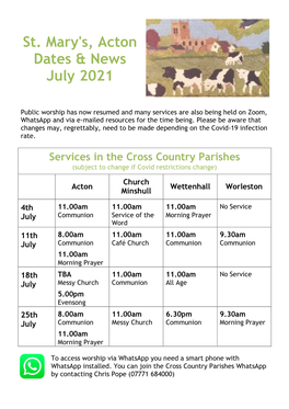 St. Mary's, Acton Dates & News July 2021