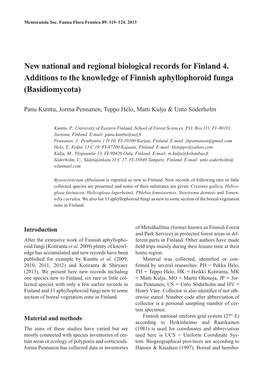 New National and Regional Biological Records for Finland 4. Additions to the Knowledge of Finnish Aphyllophoroid Funga (Basidiomycota)