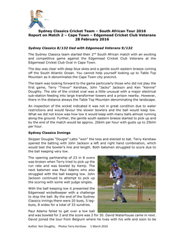 Sydney Classics Cricket Team – South African Tour 2016 Report on Match 2 – Cape Town – Edgemead Cricket Club Veterans 28 February 2016