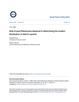 Role of Post-Pleistocene Dispersal in Determining the Modern Distribution of Abert's Squirrel