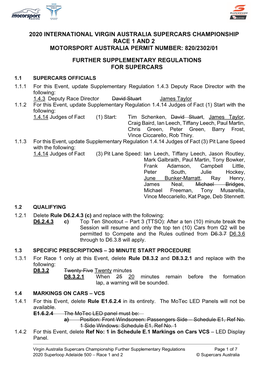 2020 International Virgin Australia Supercars Championship Race 1 and 2 Motorsport Australia Permit Number: 820/2302/01