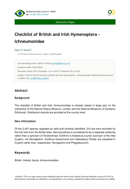 Checklist of British and Irish Hymenoptera - Ichneumonidae