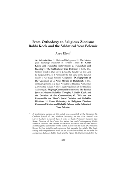 From Orthodoxy to Religious Zionism: Rabbi Kook and the Sabbatical Year Polemic