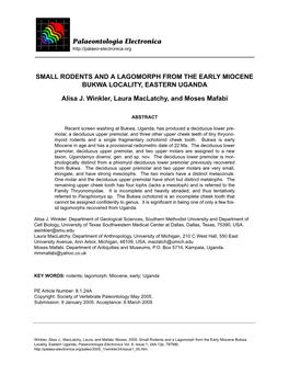 Small Rodents and a Lagomorph from the Early Miocene Bukwa Locality, Eastern Uganda