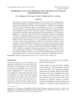 Arthropod Fauna and Their Relative Abundance in Tomato Intercropping System M