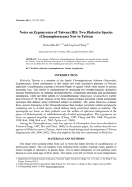 Notes on Zygomycetes of Taiwan (III): Two Blakeslea Species (Choanephoraceae) New to Taiwan