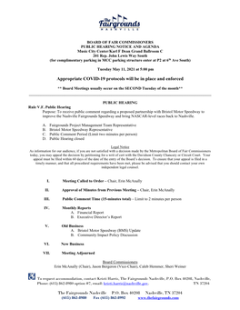 Metro Nashville Fair Commissioners Board Meeting Agenda, May 11, 2021