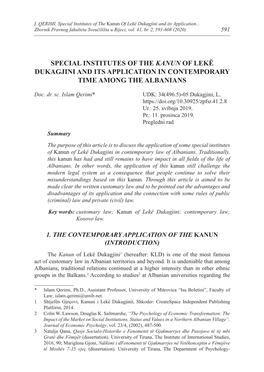 Special Institutes of the Kanun of Lekë Dukagjini and Its Application in Contemporary Time Among the Albanians