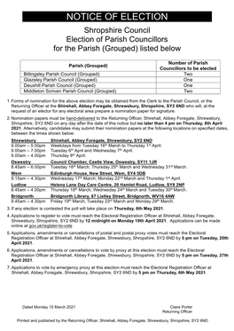 NOTICE of ELECTION Shropshire Council Election of Parish Councillors for the Parish (Grouped) Listed Below