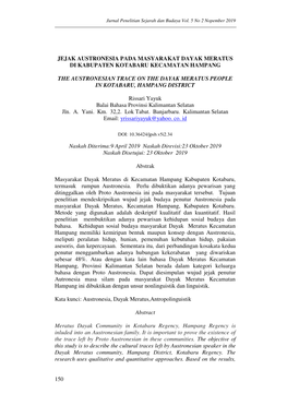 150 Jejak Austronesia Pada Masyarakat Dayak Meratus Di Kabupaten Kotabaru Kecamatan Hampang the Austronesian Trace on the D