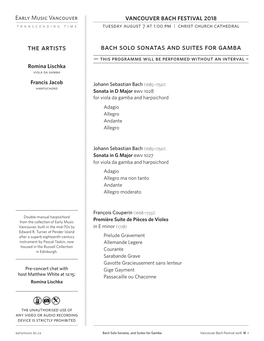 Bach Solo Sonatas and Suites for Gamba — This Programme Will Be Performed Without an Interval – Romina Lischka Viola Da Gamba