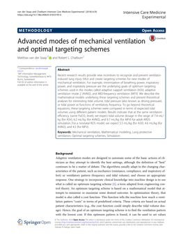 Advanced Modes of Mechanical Ventilation and Optimal Targeting Schemes Matthias Van Der Staay1* and Robert L