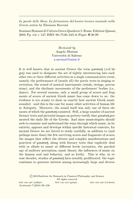 Le Parole Delle Muse. La Formazione Del Lessico Tecnico Musicale Nella Grecia Antica by Eleonora Rocconi Seminari Romani Di Cultura Greca Quaderni 5