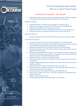 Baseball Ontario Return to Sport Covid Guidelines