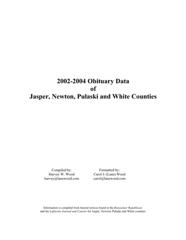 2002-2004 Obituary Data of Jasper, Newton, Pulaski and White Counties