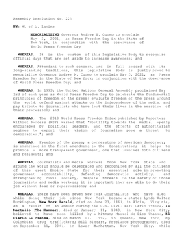 Assembly Resolution No. 225 M. of A. Lavine BY: Governor Andrew M