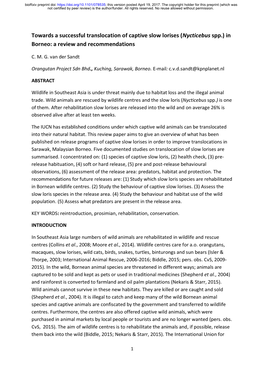 Towards a Successful Translocation of Captive Slow Lorises (Nycticebus Spp.) in Borneo: a Review and Recommendations