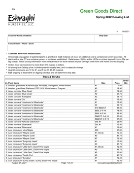 Green Goods Direct Spring 2022 Booking List