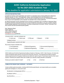 ACEC California Scholarship Application for the 2021-2022 Academic Year the Deadline for Application Submissions Is January 13, 2021