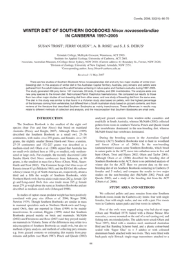 WINTER DIET of SOUTHERN BOOBOOKS Ninox Novaeseelandiae in CANBERRA 1997–2005