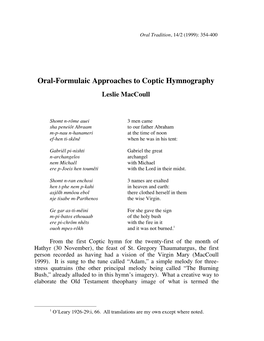Oral-Formulaic Approaches to Coptic Hymnography