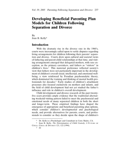 Developing Beneficial Parenting Plan Models for Children Following Separation and Divorce