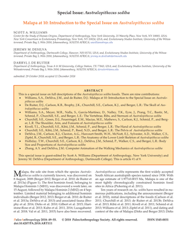 Special Issue: Australopithecus Sediba Malapa at 10