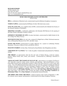Einhorn Resume �1 MY MANY COLORED DAYS, for Orchestra, Commissioned by the Minnesota Orchestra
