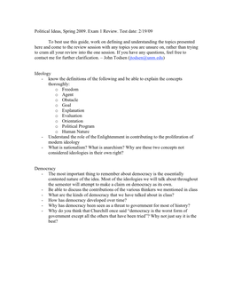 Political Ideas, Spring 2009. Exam 1 Review. Test Date: 2/19/09