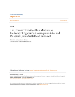 The Chronic Toxicity of Ion Mixtures to Freshwater Organisms: <I> Ceriodaphnia Dubia </I> and <I> Pimephales P