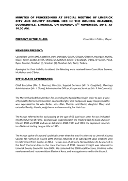 Minutes of Proceedings at Special Meeting of Limerick City and County Council Hed in the Council Chamber, Dooradoyle, Limerick