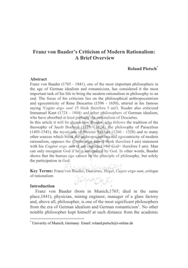 Franz Von Baader's Criticism of Modern Rationalism: a Brief Overview