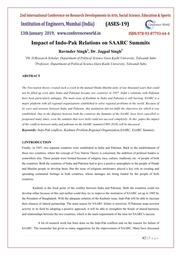 Impact of Indo-Pak Relations on SAARC Summits Ravinder Singh1, Dr