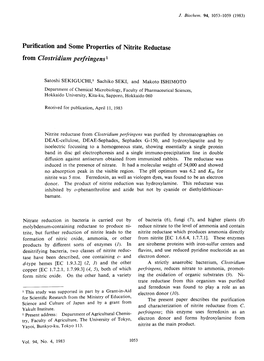 Purification and Some Properties of Nitrite Reductase from Clostridium Perfringens1