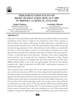 Implementation Status of Right to Education (RTE) Act 2009 in Tripura