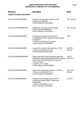 LONDON METROPOLITAN ARCHIVES Page 1 WORSHIPFUL COMPANY of CLOCKMAKERS