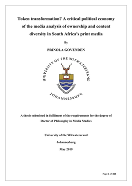 A Critical Political Economy of the Media Analysis of Ownership and Content Diversity in South Africa's Print Media
