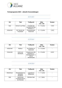 Programmheft Ferienprogramm 2021