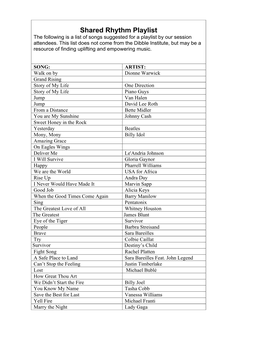 Shared Rhythm Playlist the Following Is a List of Songs Suggested for a Playlist by Our Session Attendees