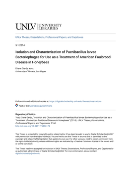Isolation and Characterization of Paenibacillus Larvae Bacteriophages for Use As a Treatment of American Foulbrood Disease in Honeybees