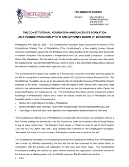 The Constitutional Foundation Announces Its Formation As a Pennsylvania Non-Profit and Appoints Board of Directors