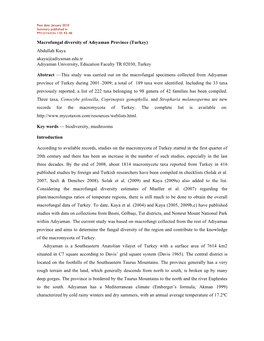 Macrofungal Diversity of Adıyaman Province (Turkey) Abdullah Kaya Akaya@Adiyaman.Edu.Tr Adıyaman University, Education Faculty TR 02030, Turkey