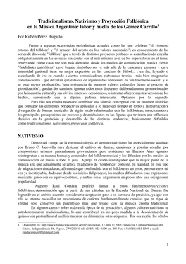 Tradicionalismo, Nativismo Y Proyección Folklórica En La Música Argentina: Labor Y Huella De Los Gómez Carrillo1