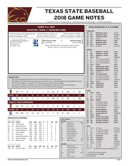 TEXAS STATE BASEBALL 2018 GAME NOTES 3 Conference Titles | 9 All-Americans | 3 Conference Coach of the Year Awards | 59 MLB Draft Selections