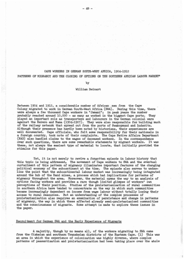 CAPE WORKERS in GERMAN SOUTH-WEST AFRICA, 1904-1912 Pamsof MIGRANCY and the CLOSING of OPTIONS on TEE SOUTHERN ABRICAN LABOUR Malwzp