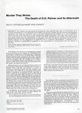 The Death of DD Palmer and Its Aftermath