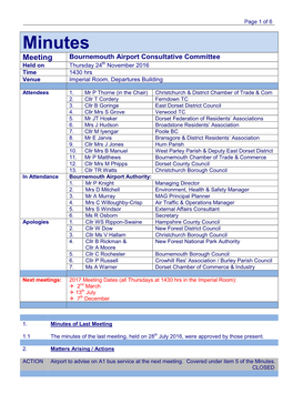 Minutes Meeting Bournemouth Airport Consultative Committee Held on Thursday 24Th November 2016 Time 1430 Hrs Venue Imperial Room, Departures Building